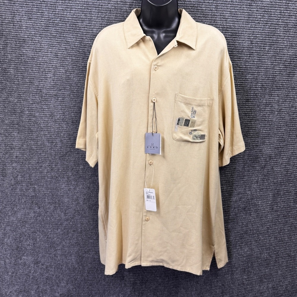 Vintage Dead Stock NWT Enro Shirt Men's Large Yellow Silk Embroidered Pocket